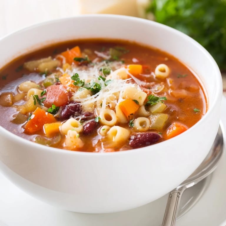 A close-up view of flavorful Pasta e Fagioli Soup, perfect for a comforting dinner.