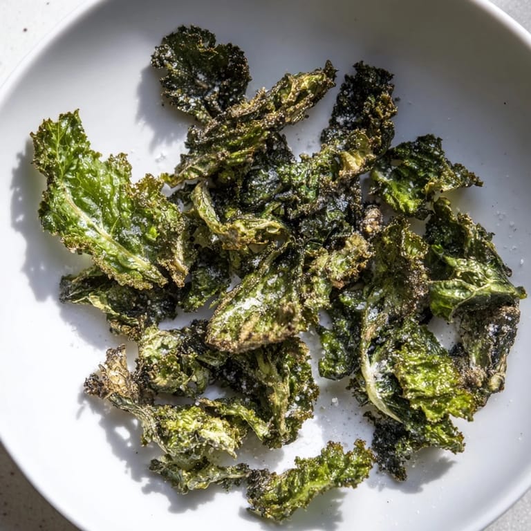A close-up view of crispy, homemade baked kale chips—the light, healthy snack, ready to eat!