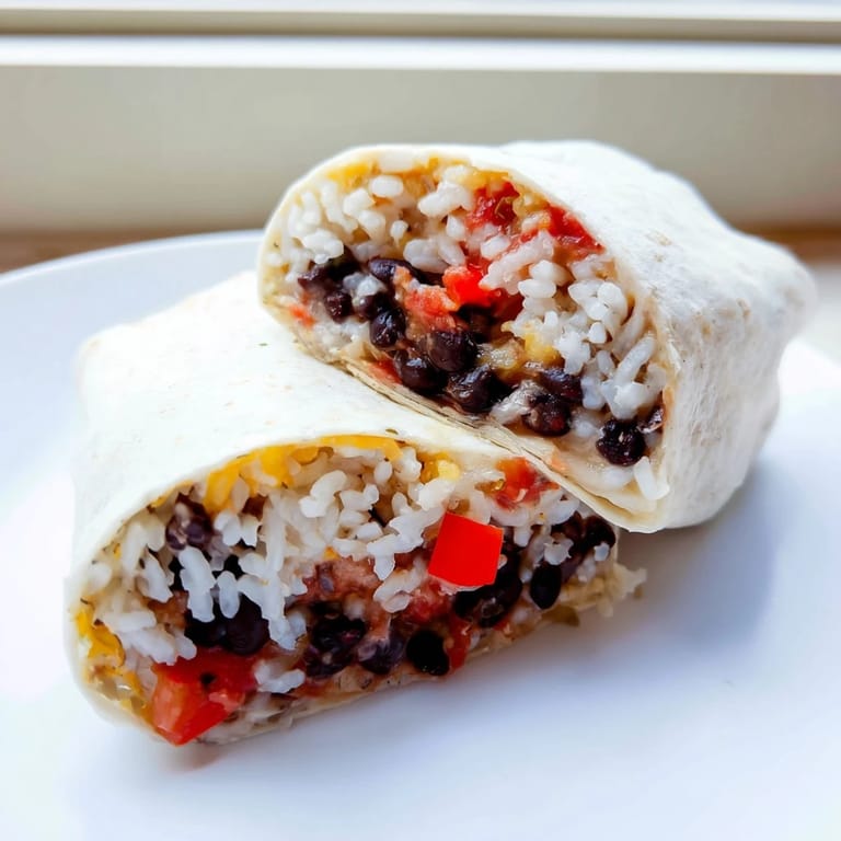 A close-up of a perfectly rolled freezer-friendly burrito, with visible ingredients and ideal for easy meal prep.