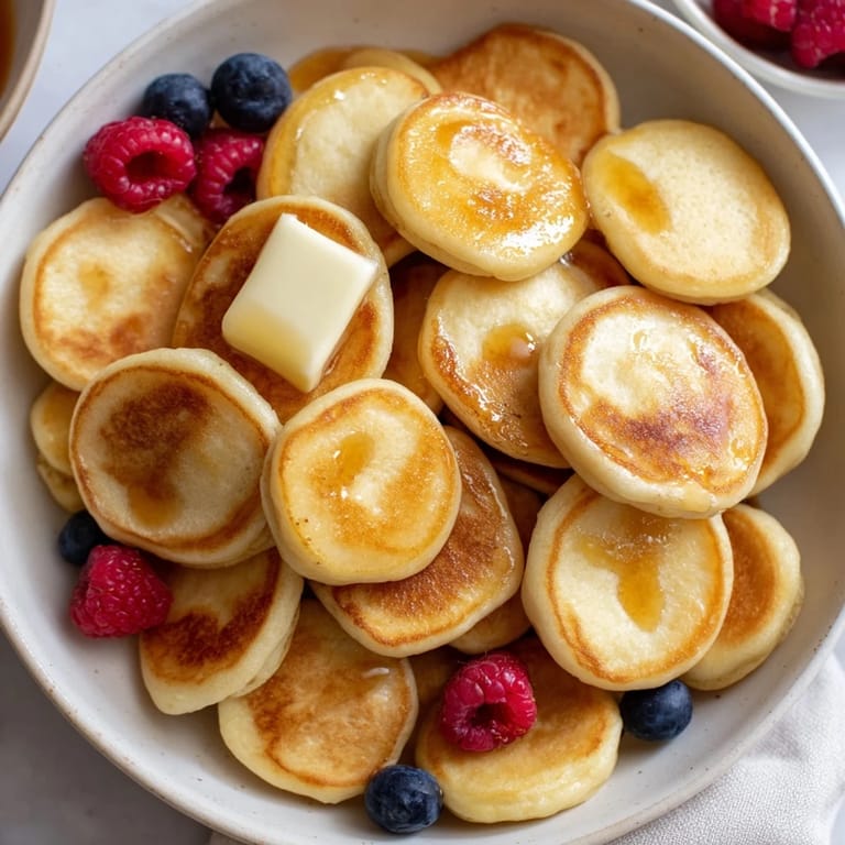 Close-up of perfectly cooked pancake cereal with melted butter, ready to be enjoyed.