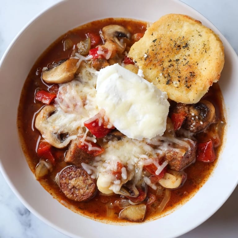 Close-up of a steaming bowl of Pizza Pot Pie Soup, showcasing melted cheese and fresh herbs on top.
