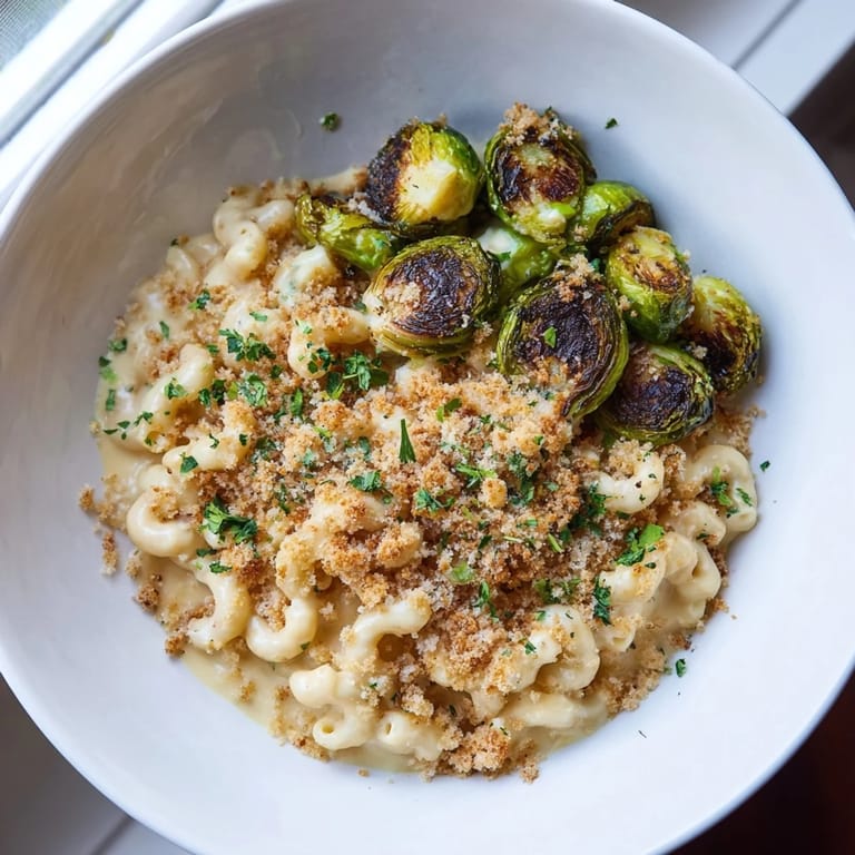 Crispy edges and melty cheese make this sheet pan mac and cheese and Brussels sprouts a flavorful treat.