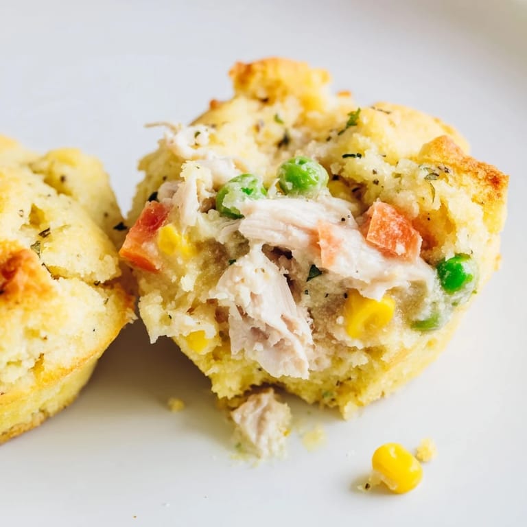 Bite into a warm Mini Chicken Pot Pie Cornbread Muffin: a delicious baked comfort food snack.
