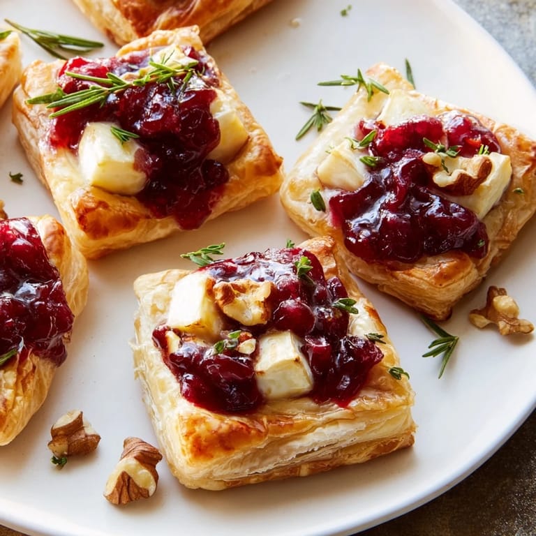 View a close-up of delicious Quick Cranberry Brie Bites, showcasing the flaky pastry and gooey cheese.