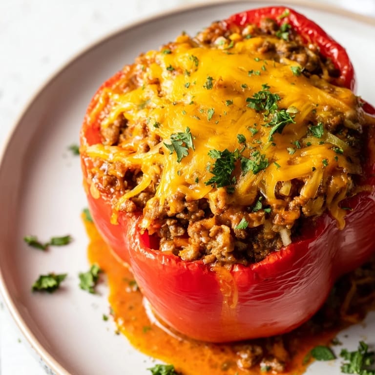 Golden-brown bell peppers filled with a hearty Sloppy Joe mixture, a delicious and easy weeknight meal.