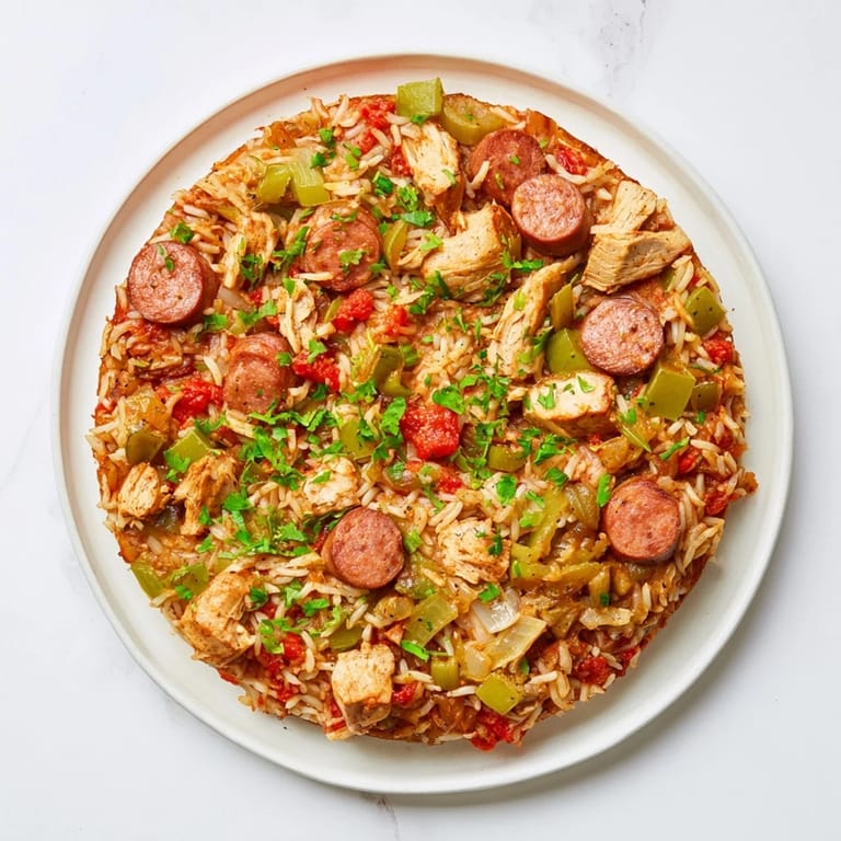 A tempting close-up of the Simple Chicken and Sausage Jambalaya Bake, showcasing tender chicken pieces and smoky sausage.