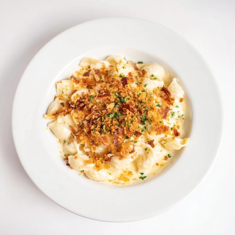 A close-up shot of baked sheet pan mac and cheese, speckled with savory bacon.