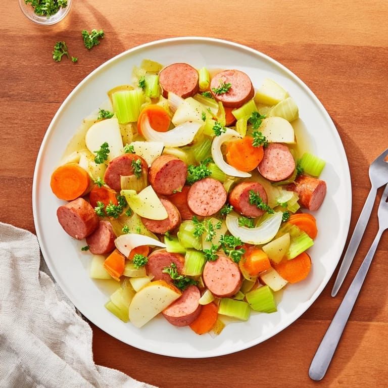 A vibrant photo of a simmering pot of Stovetop Sausage, Celery, and Apple Hotpot with fresh herb garnish.