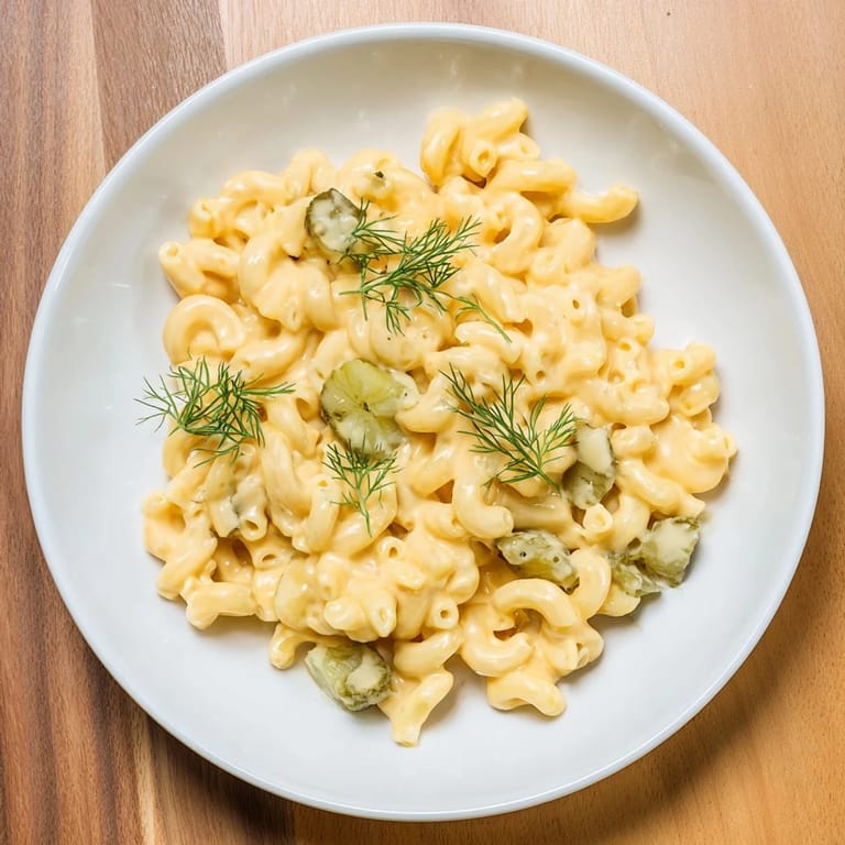 Golden, baked Pickle Mac and Cheese topped with crunchy breadcrumbs, ready to serve with extra dill.