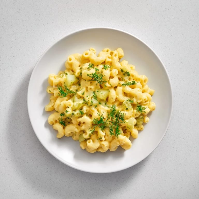 This image features a bowl of steaming, flavorful Pickle Mac and Cheese, a comforting American dish.