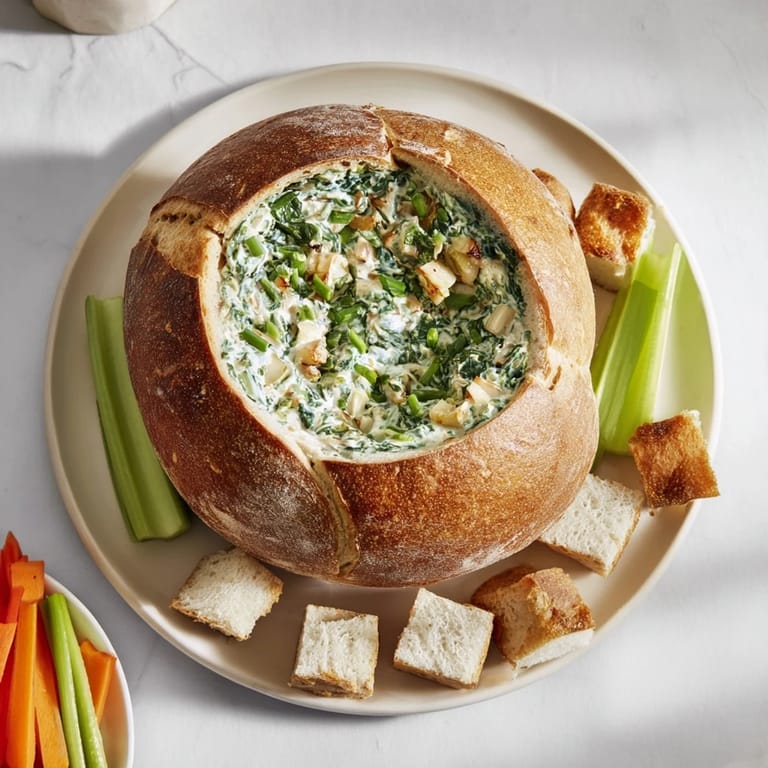 This homemade spinach dip served in a hollowed bread loaf is perfect for sharing with friends.