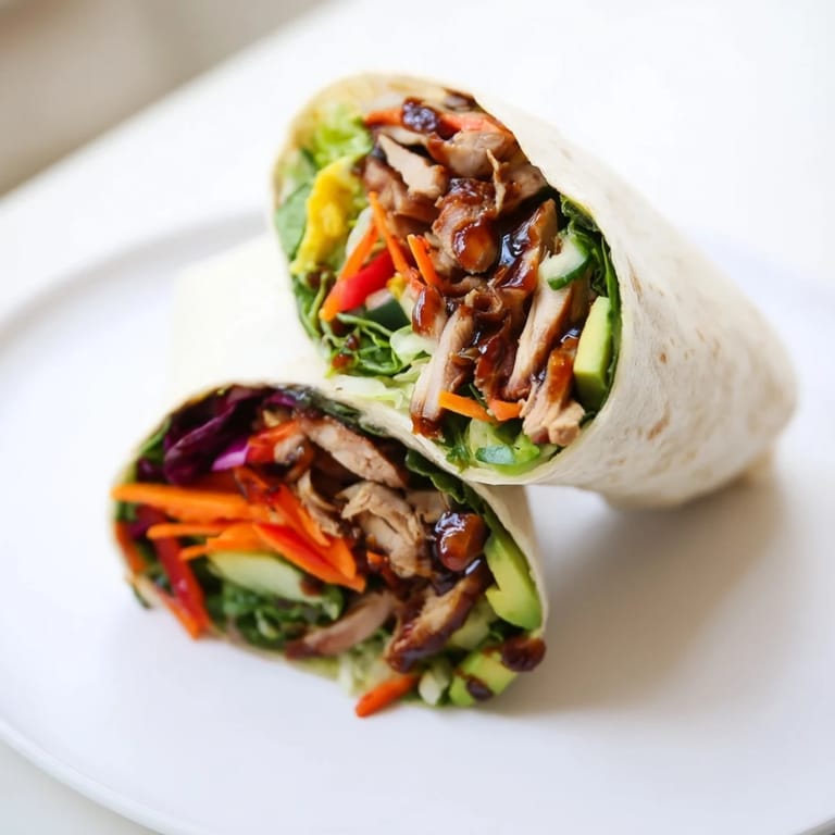 A beautifully assembled teriyaki chicken wrap, perfectly rolled and ready to satisfy your tastebuds.