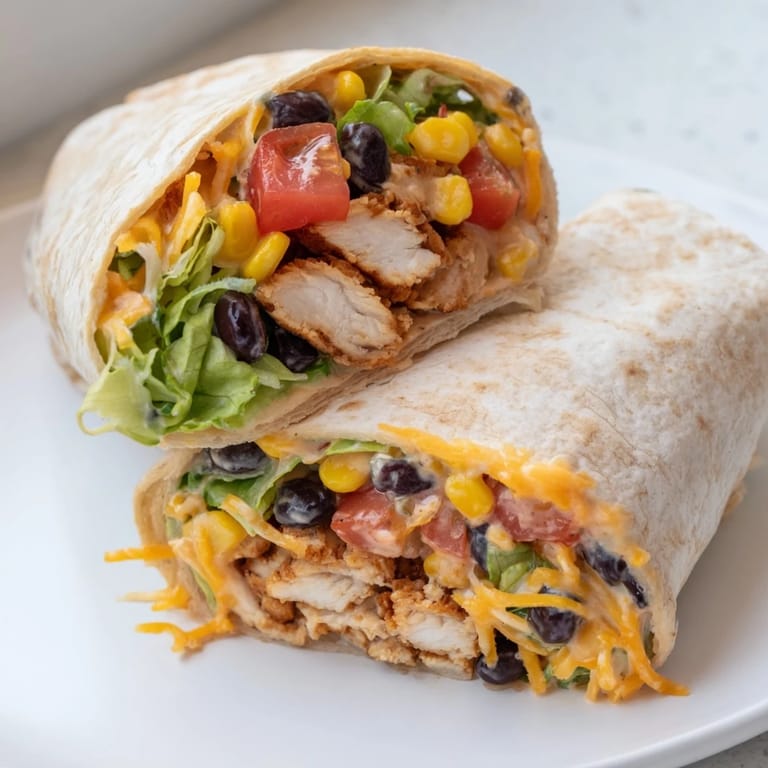 Close-up of a colorful Southwest Chicken Wrap, showing the layers of ingredients beautifully arranged.