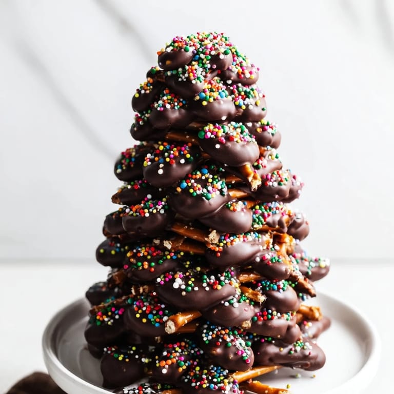 Homemade Express Chocolate Christmas Trees, ready to eat, stand tall with pretzel-stick trunks and shimmering sugar pearls.