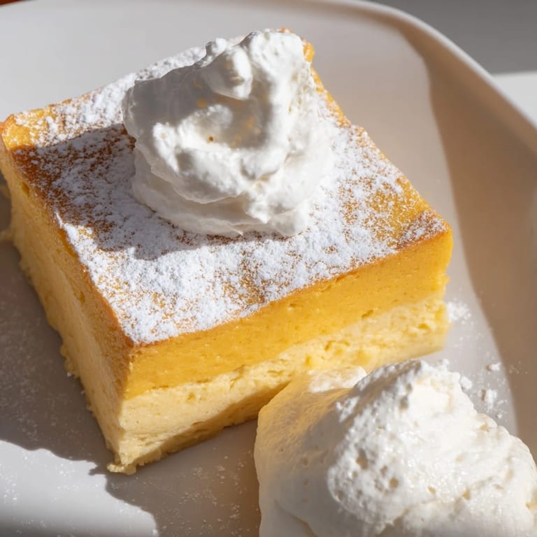This picture reveals a golden, baked Simplified Pumpkin Magic Cake, ready to be cut and enjoyed.