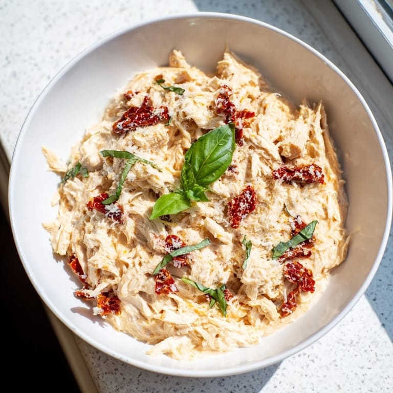 Creamy, savory Lightened Marry Me Chicken Dip with tender chicken and sun-dried tomatoes, perfect for a party.