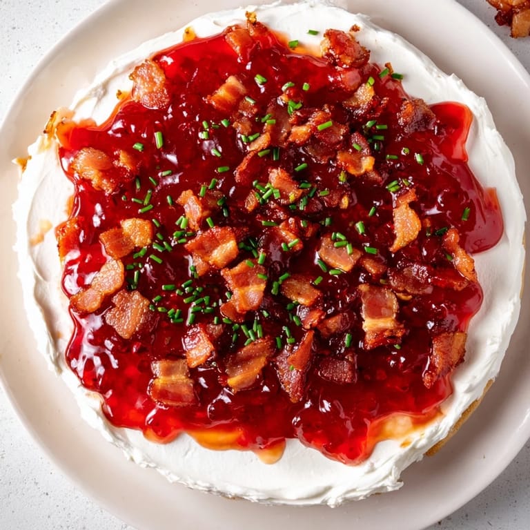 Easy Bacon Pepper Jelly appetizer: a decadent arrangement of bacon, cheese, and vibrant pepper jelly for snacking.