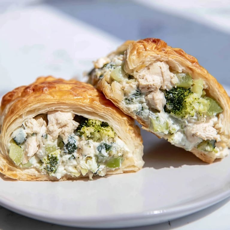 Close-up of baked Creamy Chicken and Broccoli Puff Pastry Rolls, with a beautiful golden-brown, crispy crust.