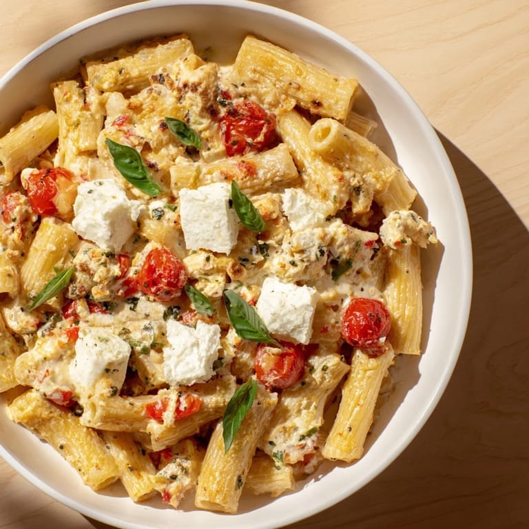 Golden-topped Four-Cheese Baked Block Pasta with melted cheese and fresh, vibrant basil garnish.