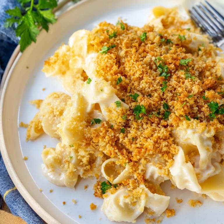 A comforting casserole of Lightened Mac & Cheese Snowflake Pasta Bake with a crispy, cheesy breadcrumb topping.