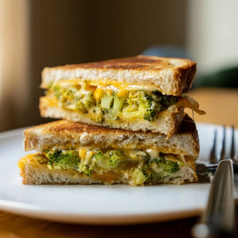 Delicious, crispy Air Fryer Broccoli Cheddar Stuffed Grilled Cheese with a creamy broccoli filling, ready to eat.