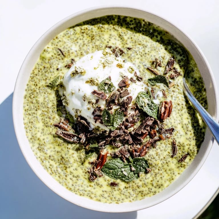 Rich green hue of chilled Grinch Green Mint Matcha Breakfast Chia Pudding, a festive and healthy treat to enjoy.