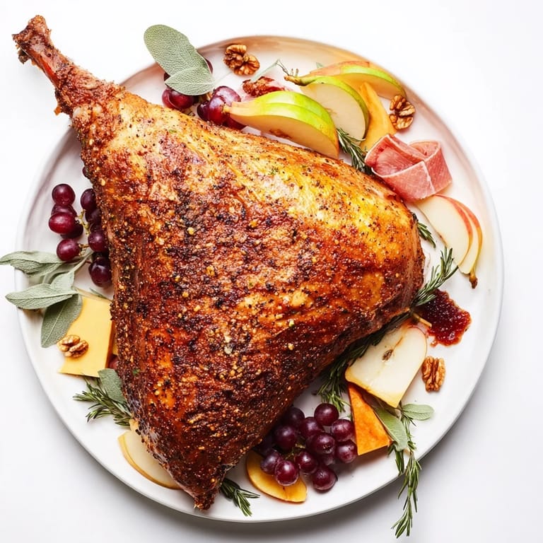 A close-up of a Thanksgiving Turkey Legs Charcuterie board, brimming with delicious meats, cheeses, and fruits.