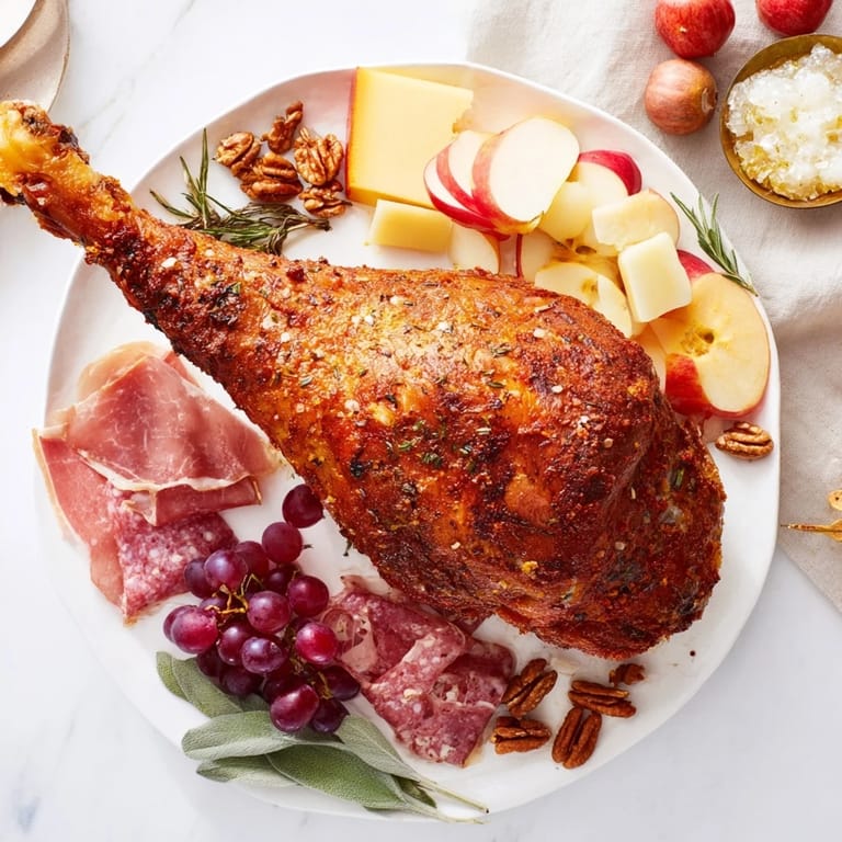 Golden-brown roasted Thanksgiving turkey legs are the star of this impressive charcuterie board arrangement.