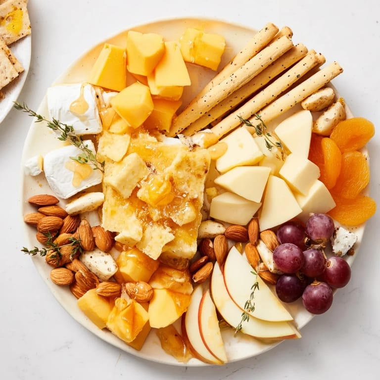 A vibrant close-up of a Busy Bee Honeycomb Snack Plate, showcasing fresh fruit and cheese.