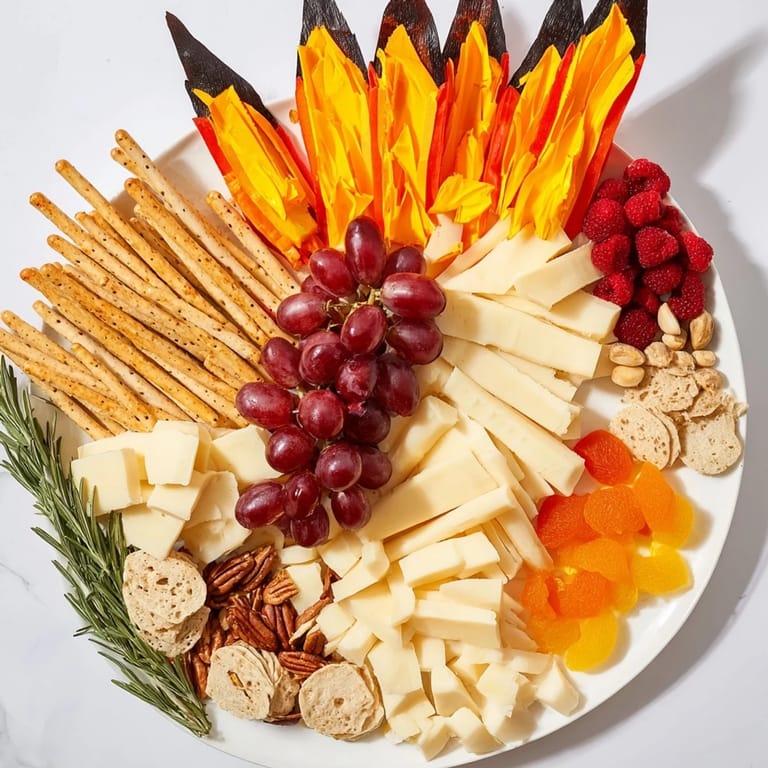 This vibrant Flickering Fire Log Snack Board is piled high with cheeses, crackers, and fruits ready to serve.