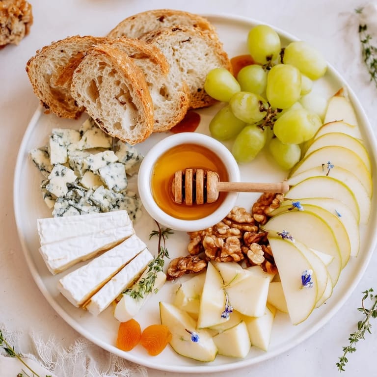 A beautiful, close-up of a Honeycomb, Honey & Cheese Board with fresh fruit and nuts.