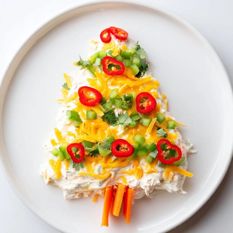 Homemade Chili Pepper Christmas Tree Dip: a vibrant appetizer bursting with fresh herbs and a kick.