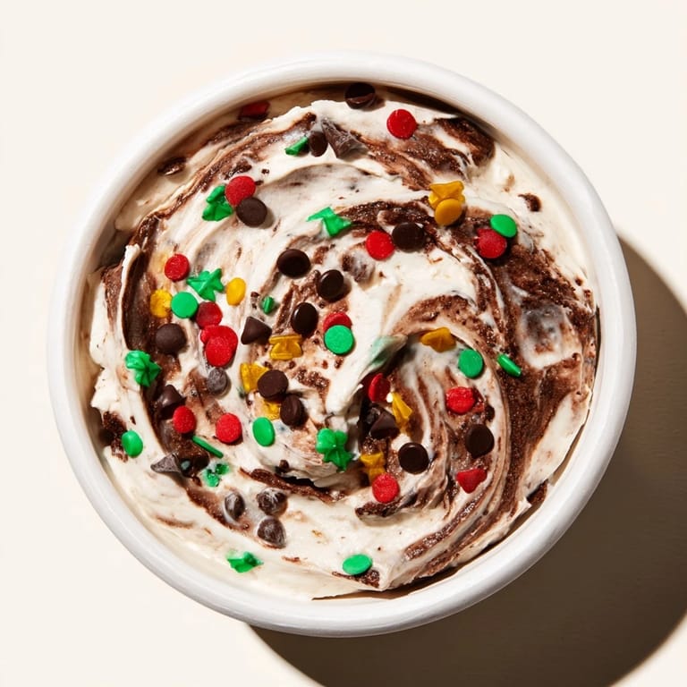 A close-up shot of Festive Tree Brownie Dip, swirled with sprinkles and ready to be enjoyed with fruits.