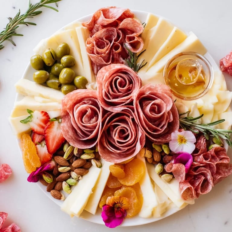 Elegant Meat and Cheese Rose Garden Board arrangement, with salami "roses" and creamy brie slices nearby.