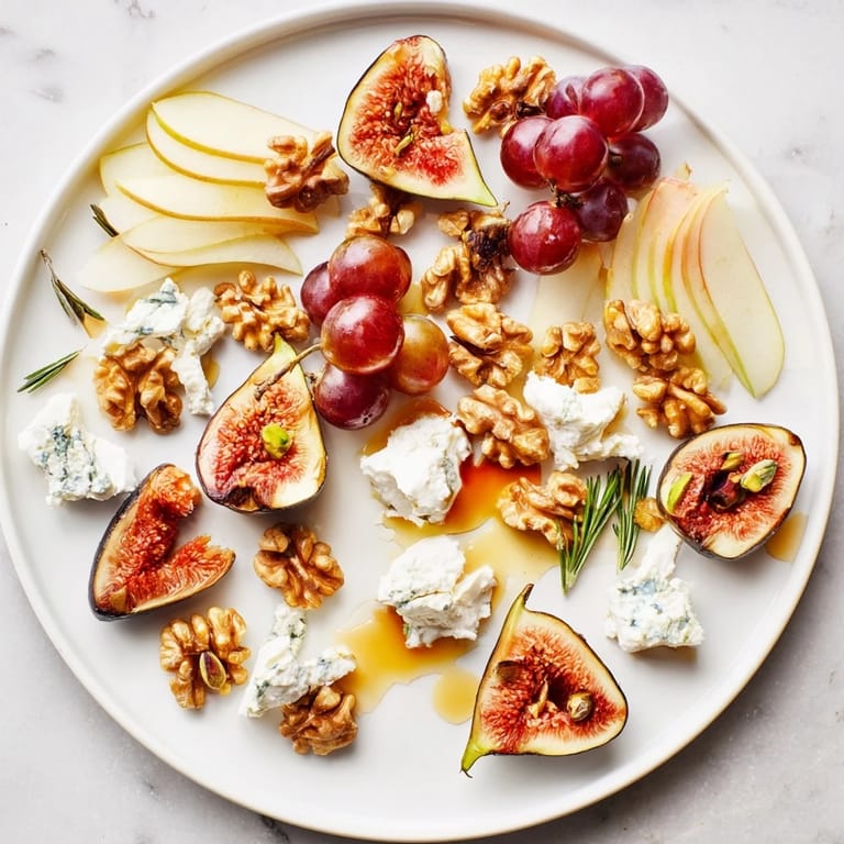Artistic star-shaped presentation of the fig and walnut board, showcasing fresh fruit and creamy vegan cheese.