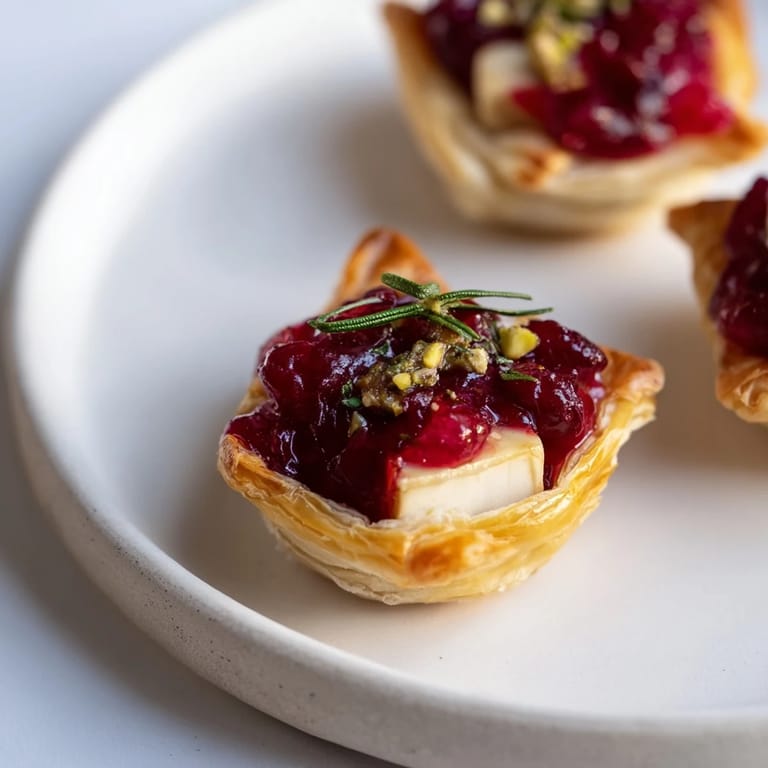 Warm, creamy Brie oozes from these festive Mini Cranberry Brie Tart Wreath bites, ready to serve guests.