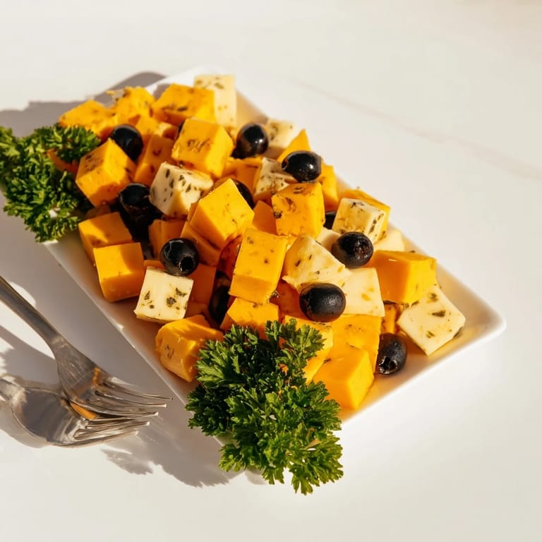A visually appealing cheese and olive chessboard, ready to serve with crackers for your next gathering.
