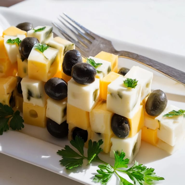 The savory cheese and olive chessboard, a delicious appetizer with perfect contrast and texture.