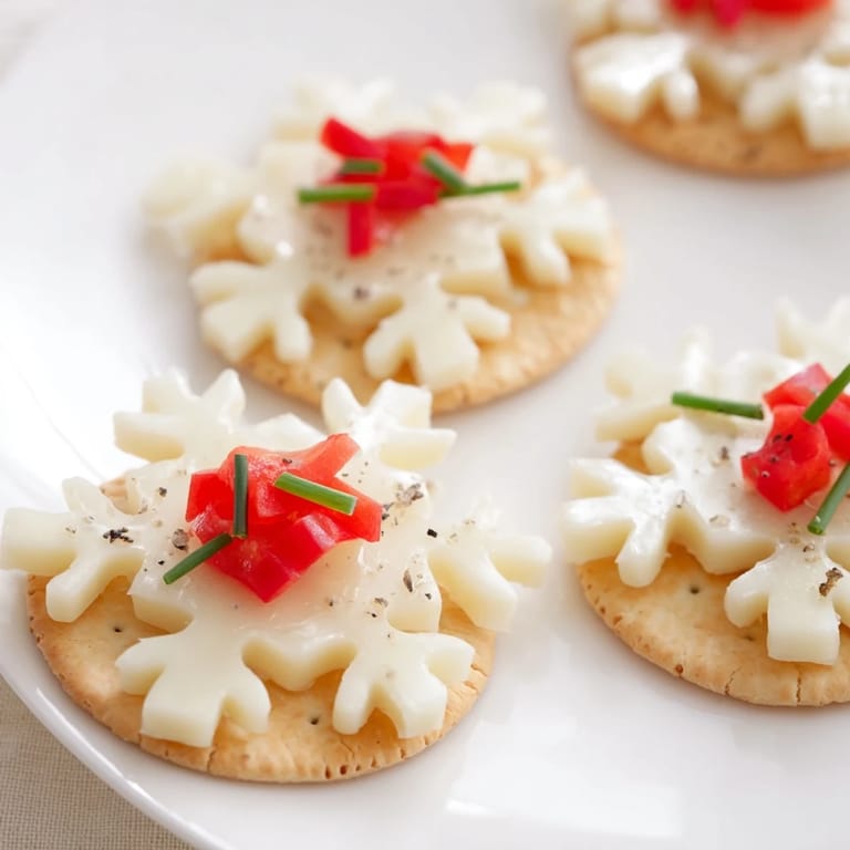 Close-up of elegant cracker and cheese snowflake appetizer with fresh pepper, a beautiful vegetarian treat.