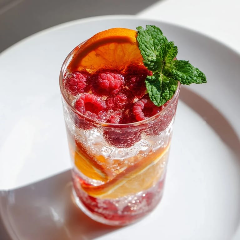 The bubbly Sparkling Juice with Raspberries, garnished with mint, is perfect for a party.