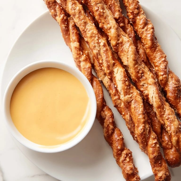 Golden pretzel rods served with a creamy hot mustard dip, ready for a delicious snack.