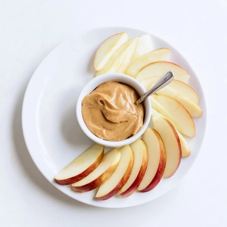 A plate of apple slices sits next to a small bowl full of peanut butter dip.