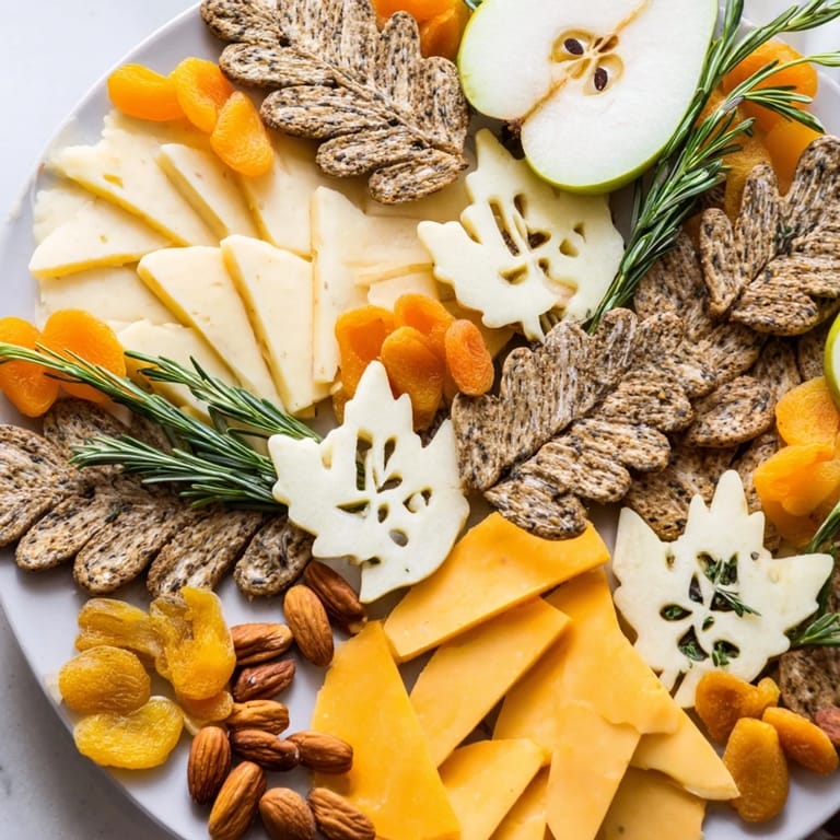 Vibrant arrangement of a Thanksgiving Leaf Fall snack board with leaf-shaped cheeses and crackers.