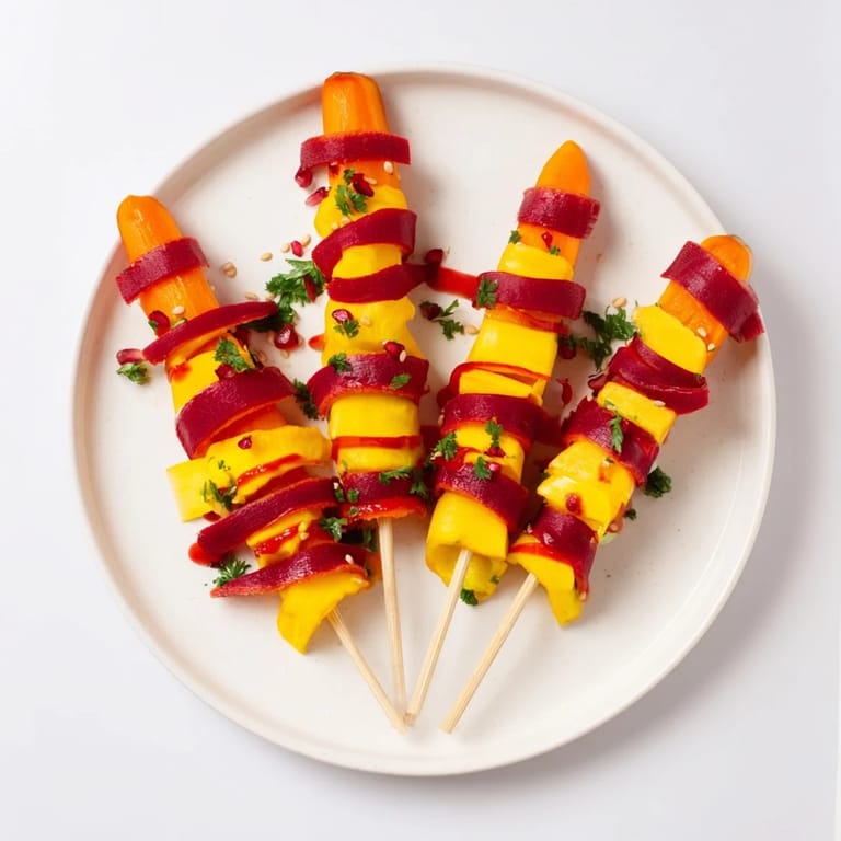 Vertical Bonfire Warmth Centerpiece made with carrots, peppers, and mandarins offers a stunning appetizer.