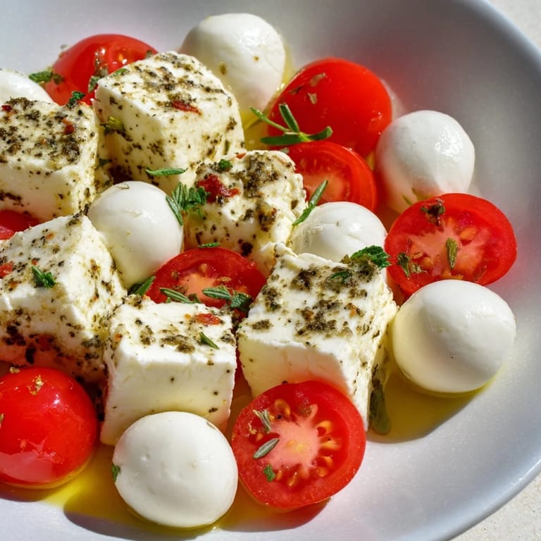 "The Sun-Drenched Patio" mezze features feta cheese, olives, and colorful vegetables for a delightful, refreshing appetizer.