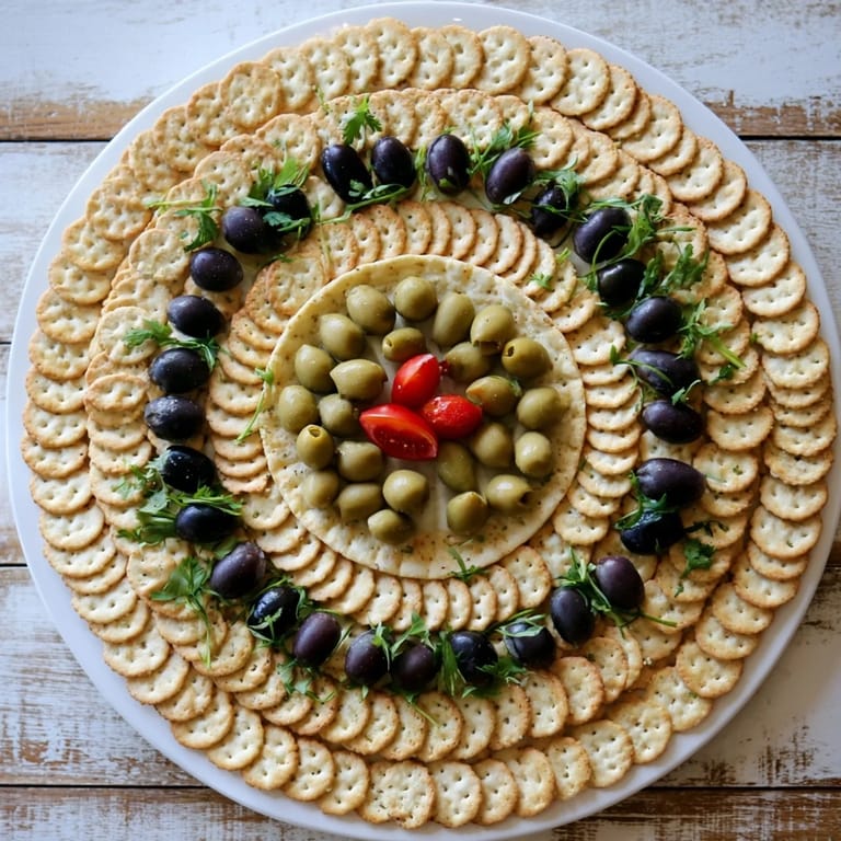 The impressive Roman Colosseum snack platter, a creative appetizer with crackers and pitted olives ready for a party.