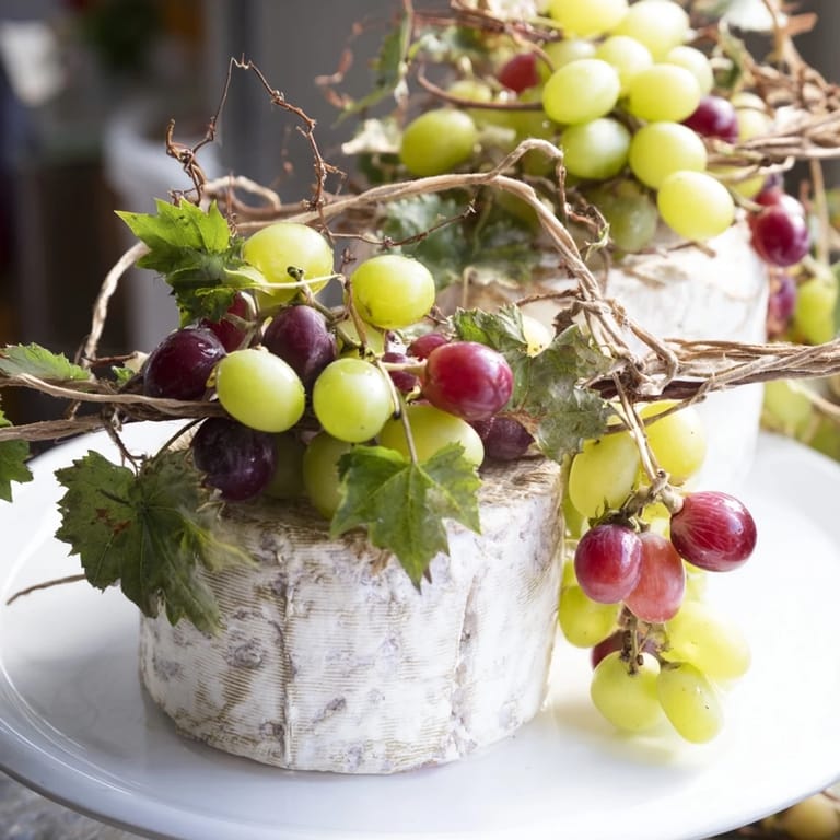 The Rustic Vineyard: a stunning cheese board featuring young cheese wheels and fresh grape clusters.