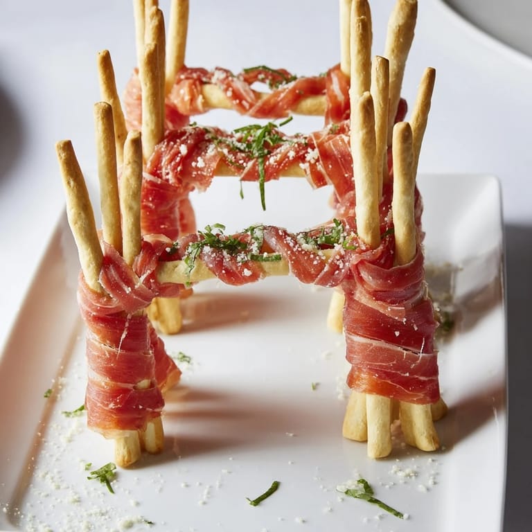 Salty prosciutto ribbons connect breadstick "towers," forming a delicious Golden Gate snack for a gathering.