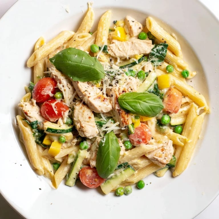 A close-up view of The Last Bite Chicken Pasta, showing tender chicken, colorful veggies, and melted cheese.