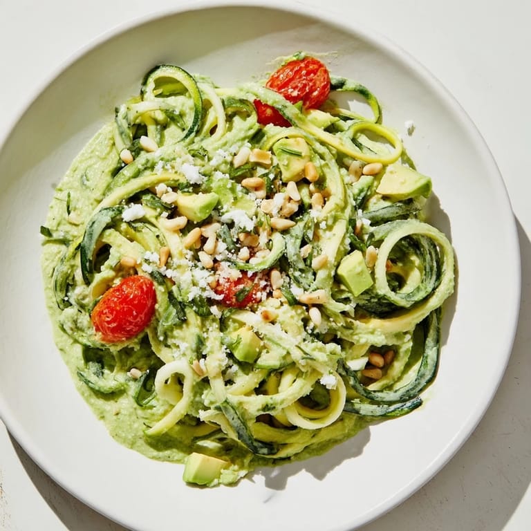 A bowl of Green Goddess Zoodle Pasta, with bright green sauce over zucchini noodles and fresh toppings.